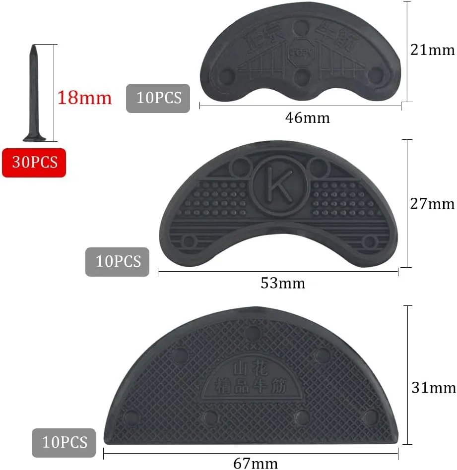 30PCS Heel Plates Black Heel Taps Rubber Tips Sole Heel Repair Pad Replacement with Nails(3 Size)