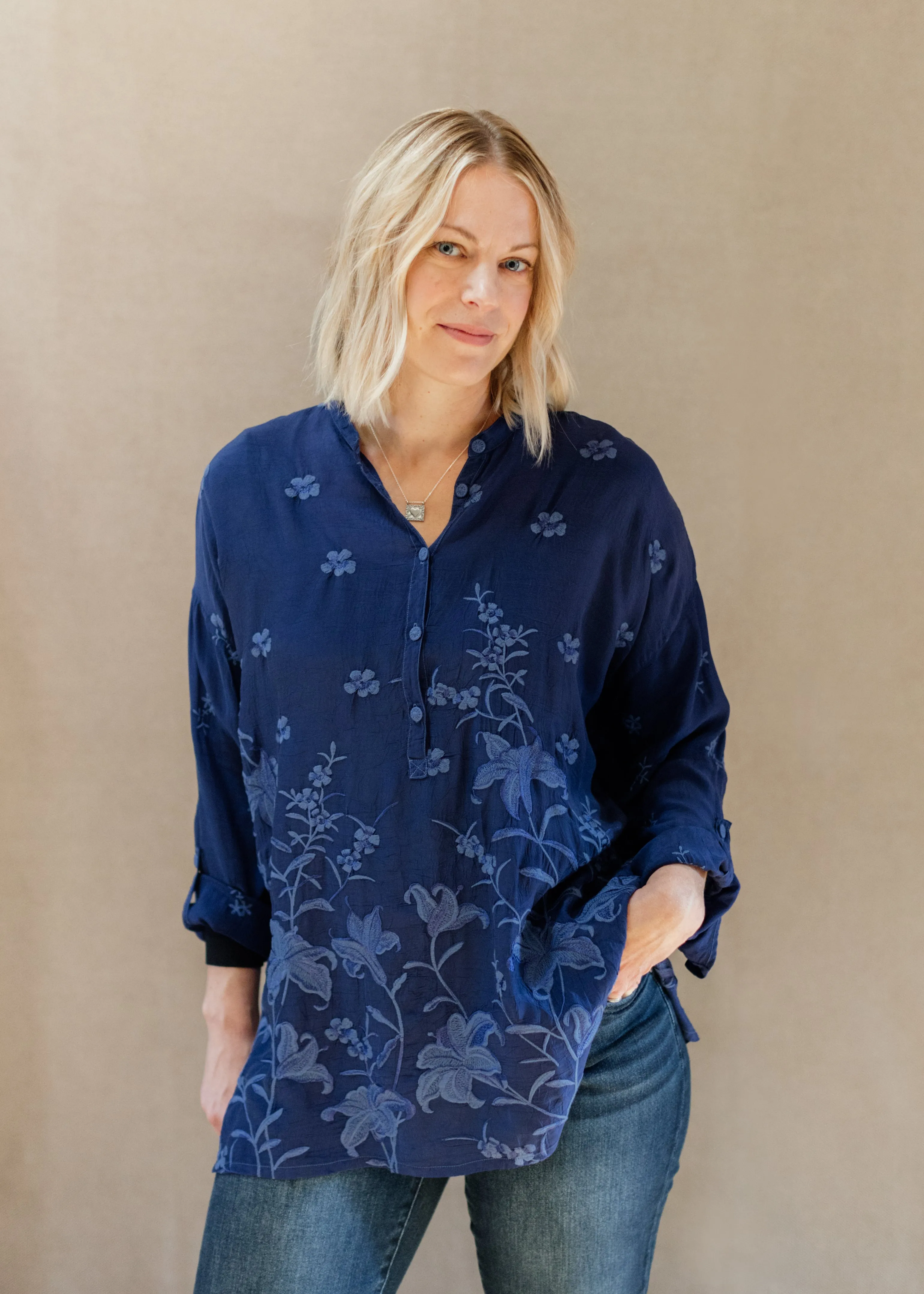 Audrey Oversized Tunic in Beacon Blue | Johnny Was