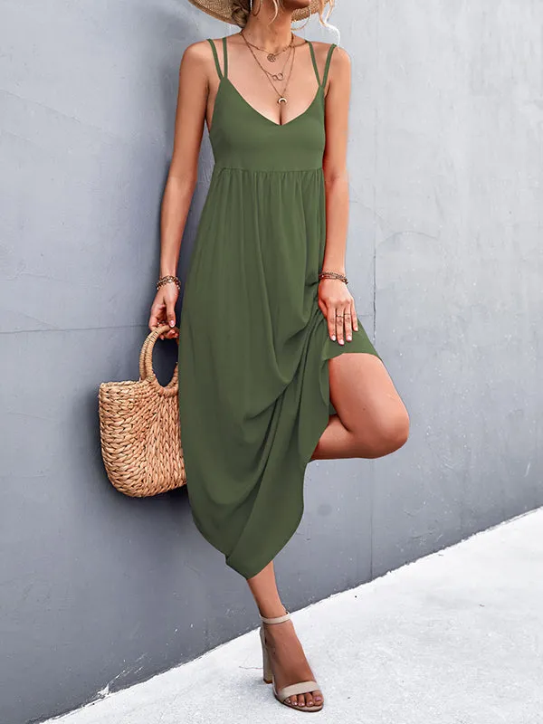 Backless Solid Color Tied A-Line High Waisted Deep V-Neck Slip Dress Midi Dresses