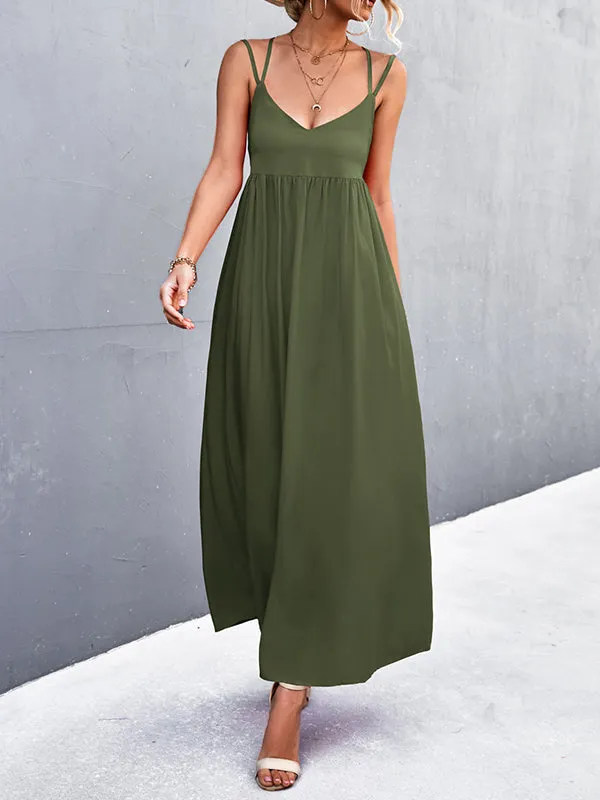 Backless Solid Color Tied A-Line High Waisted Deep V-Neck Slip Dress Midi Dresses