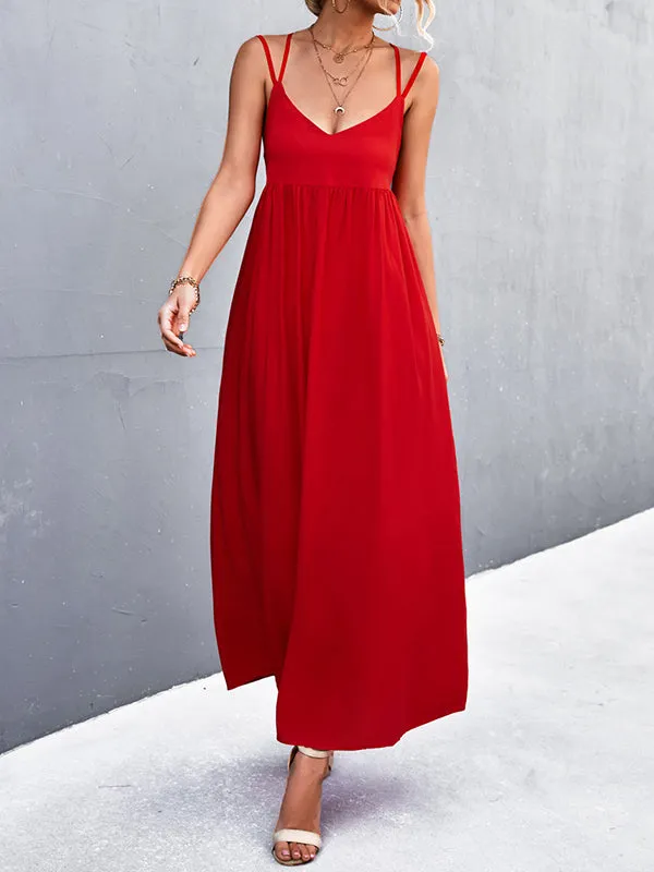 Backless Solid Color Tied A-Line High Waisted Deep V-Neck Slip Dress Midi Dresses