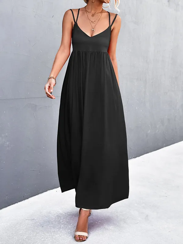 Backless Solid Color Tied A-Line High Waisted Deep V-Neck Slip Dress Midi Dresses