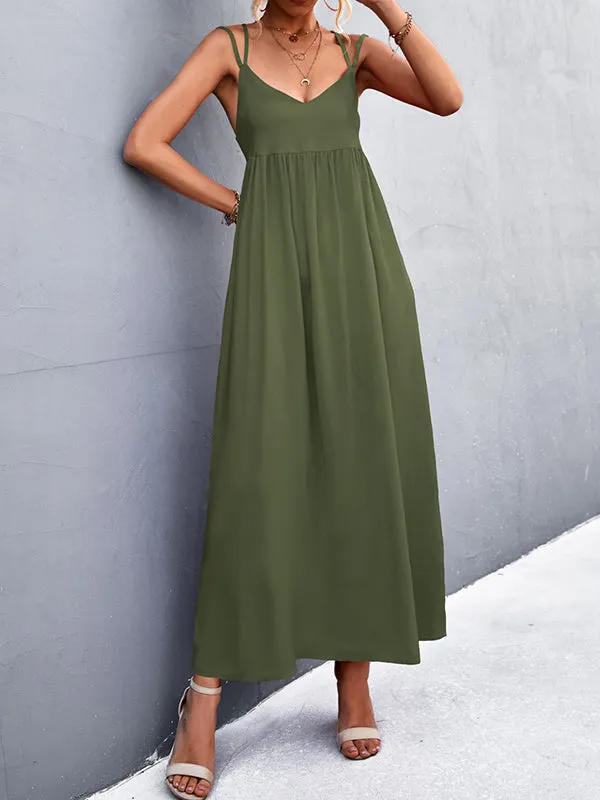 Backless Solid Color Tied A-Line High Waisted Deep V-Neck Slip Dress Midi Dresses