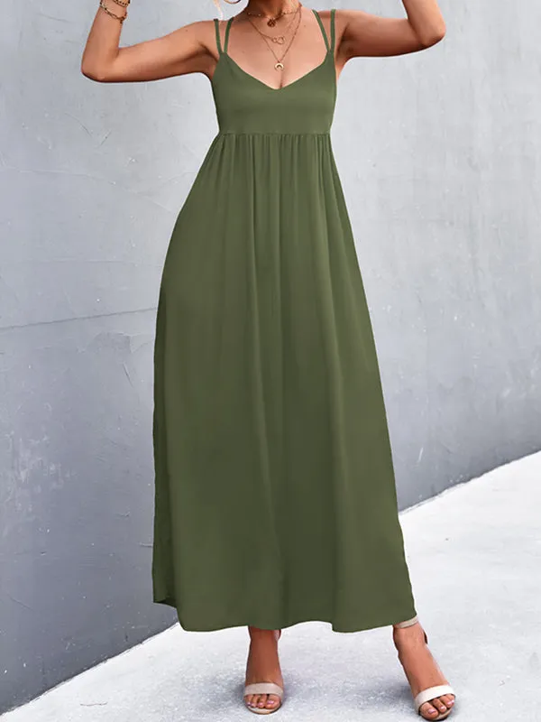 Backless Solid Color Tied A-Line High Waisted Deep V-Neck Slip Dress Midi Dresses