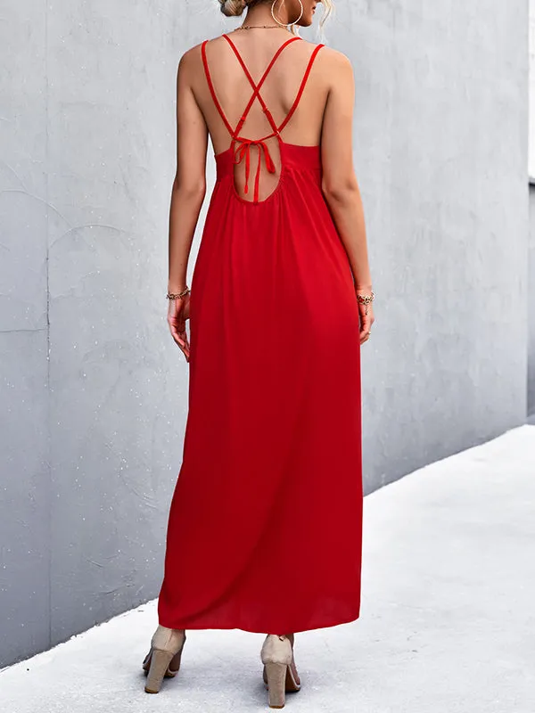 Backless Solid Color Tied A-Line High Waisted Deep V-Neck Slip Dress Midi Dresses