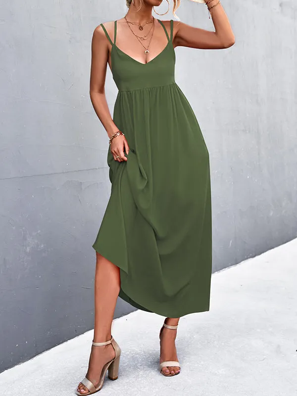 Backless Solid Color Tied A-Line High Waisted Deep V-Neck Slip Dress Midi Dresses