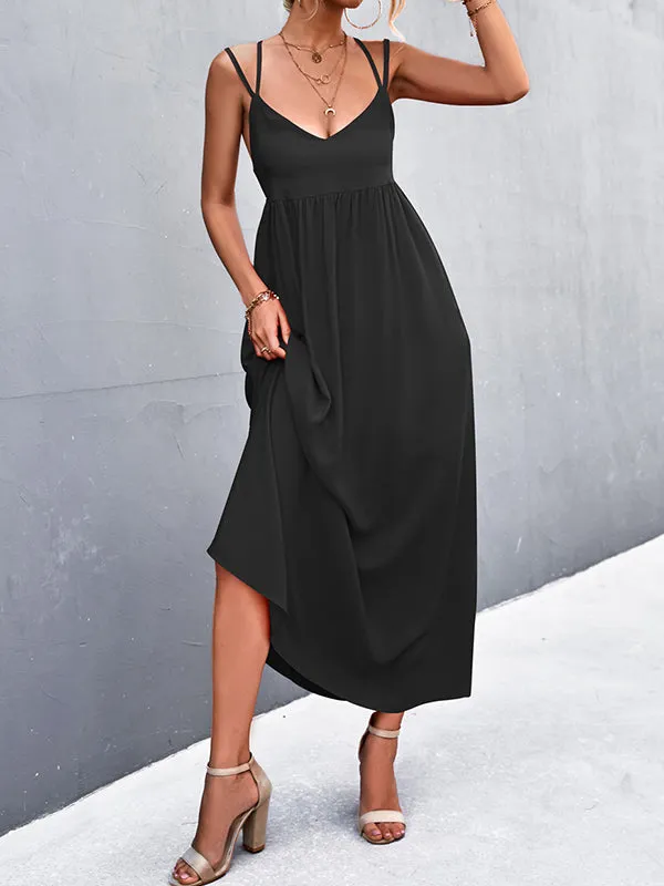 Backless Solid Color Tied A-Line High Waisted Deep V-Neck Slip Dress Midi Dresses