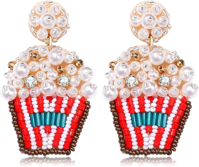 Beaded Popcorn Statement Earrings  Pearl & Crystal Embellished Dangle Fun