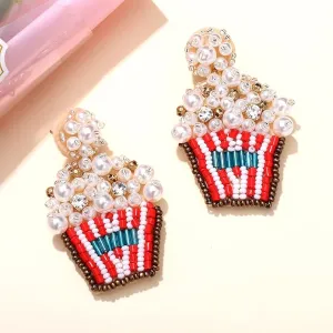 Beaded Popcorn Statement Earrings  Pearl & Crystal Embellished Dangle Fun