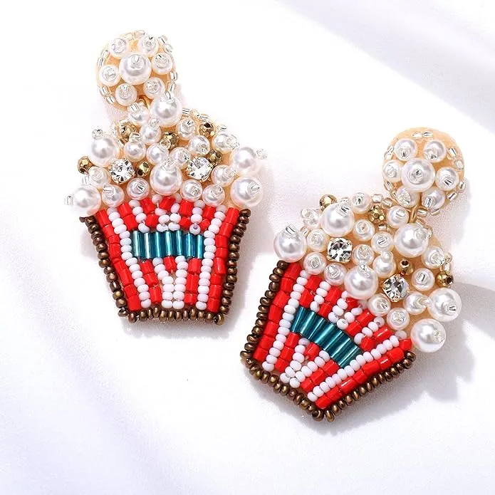 Beaded Popcorn Statement Earrings  Pearl & Crystal Embellished Dangle Fun