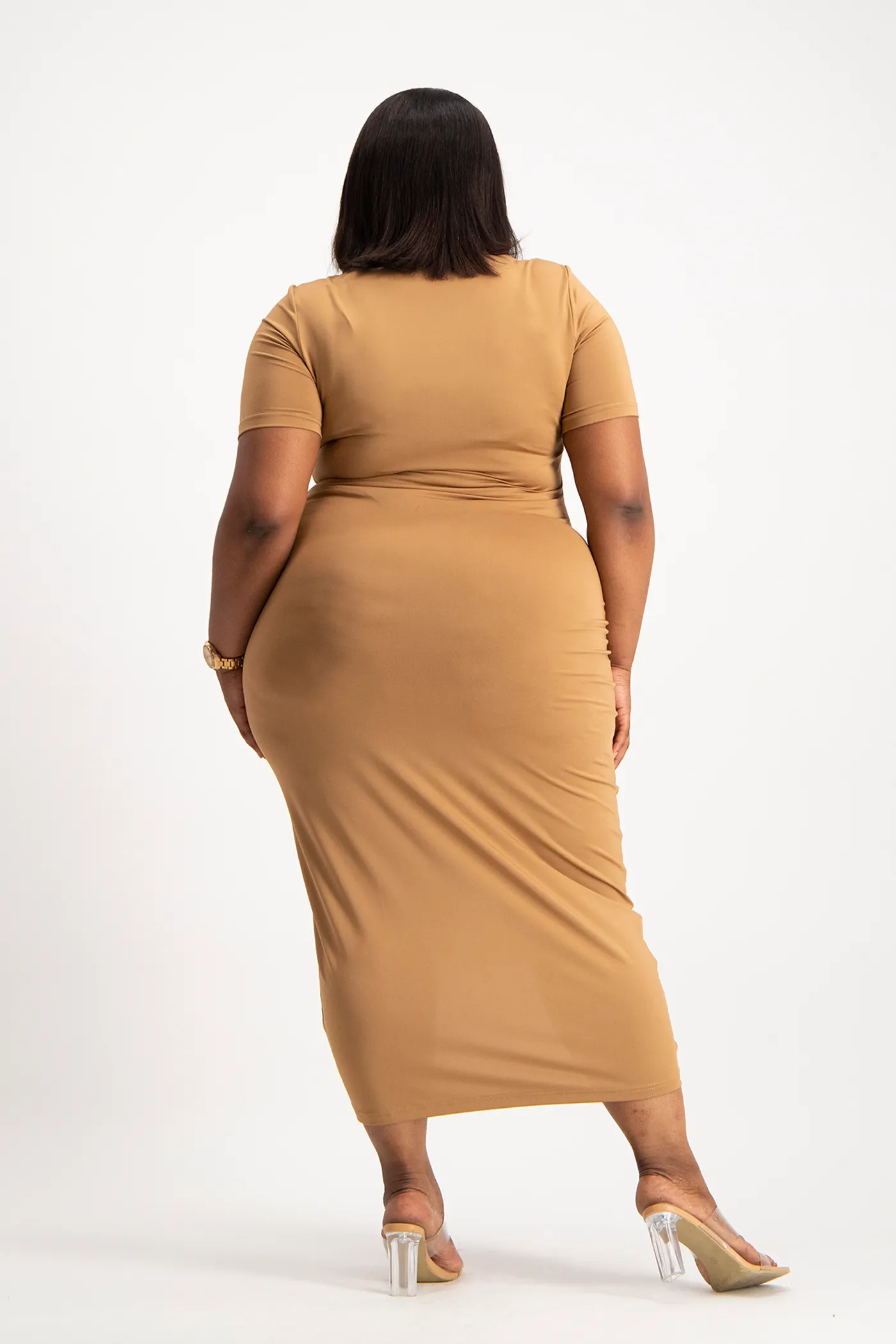 Bella Short Sleeve Ruched Midi Dress - Toasted Coconut