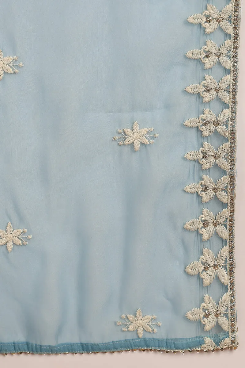 Blue Silk Blend Solid Embroidered Straight Trouser Suit Set VKSKD1982