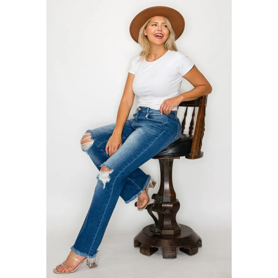 bytos Full Size Raw Hem Distressed High Rise Bootcut Jeans