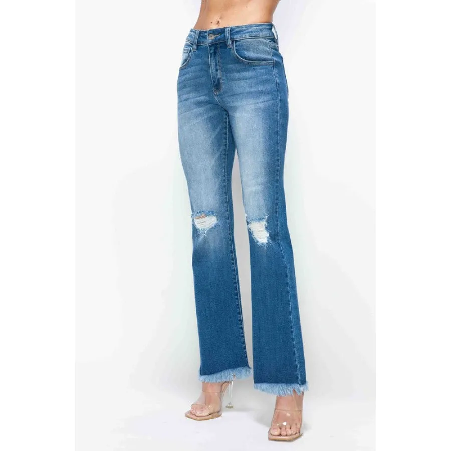 bytos Full Size Raw Hem Distressed High Rise Bootcut Jeans