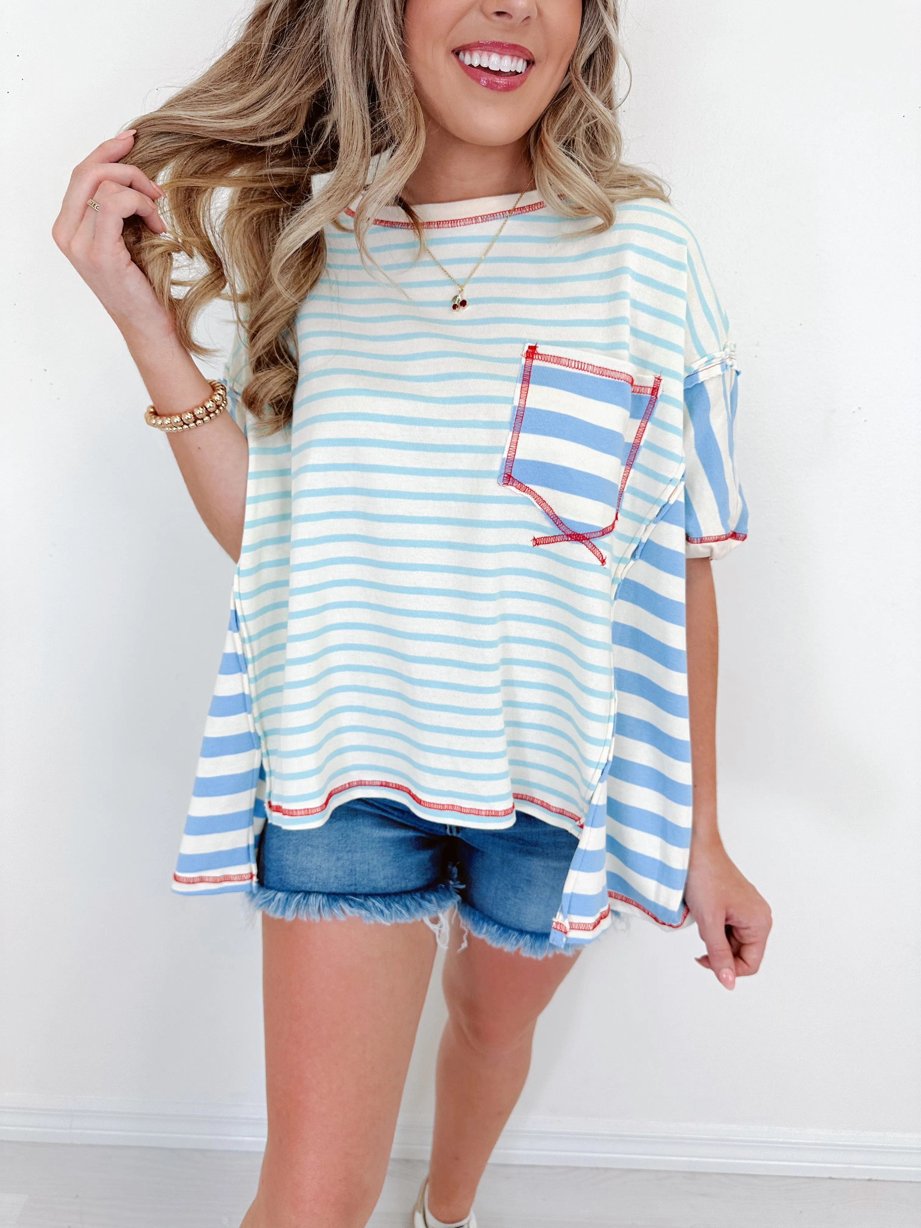 Callie Striped Colorblock Top - Blue