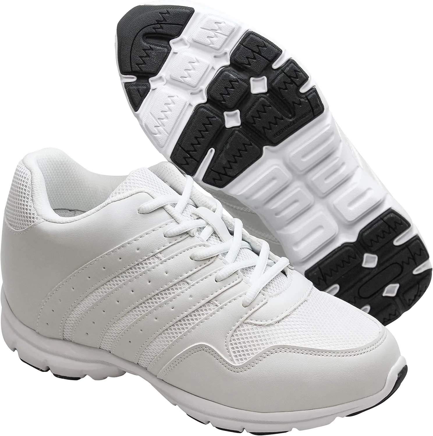 CALTO Men's Invisible Height Increasing Elevator Shoes - White Leather/Mesh Lace-up Lightweight Sporty Trainer Sneakers - 3.2 Inches Taller - G8818 - Size 9 D(M) US