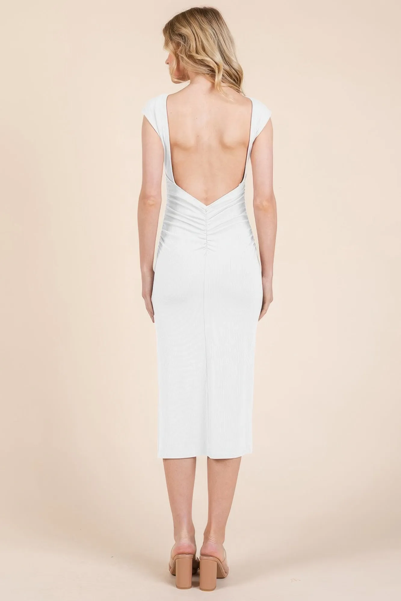 Cap Sleeve Boatneck Open Back Midi Dress