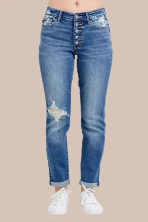 Chic Edge Button Fly Distressed Jeans