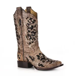 Corral Women's Black Sequin Inlay Square Toe Western Boot A3648