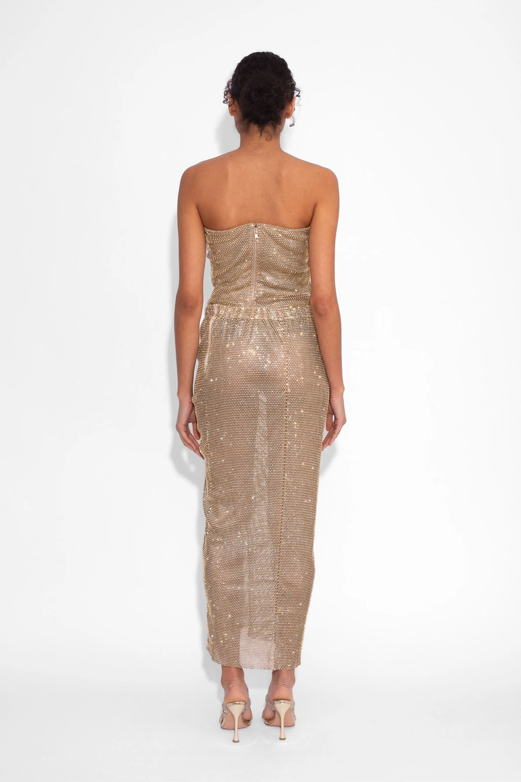 Crystal Embellished Fishnet Strapless Top in Gold