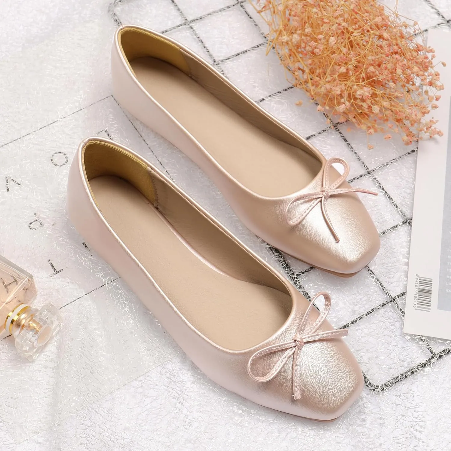 Dear Time Women's Casual Foldable Ballet Flats Square Toe Ballerina Flats Shoes Comfortable