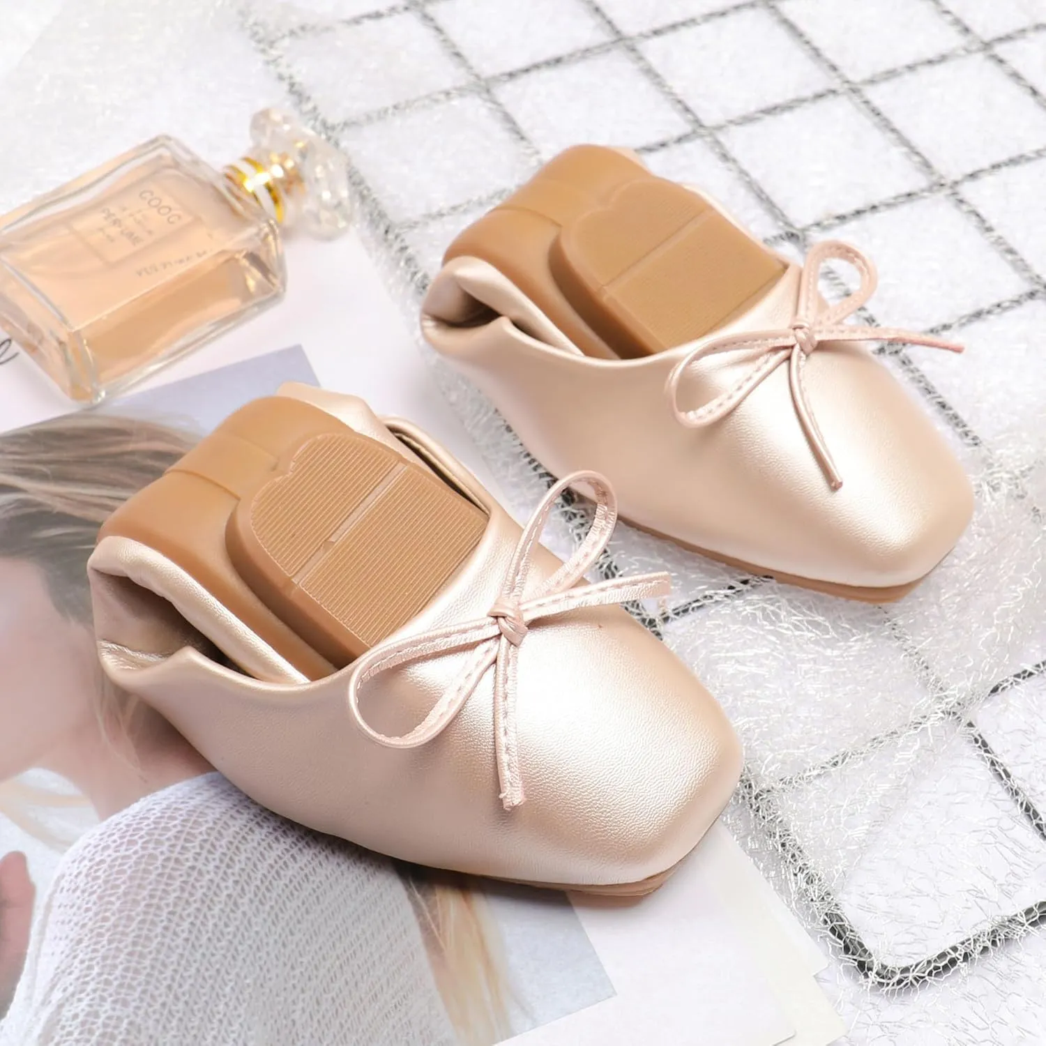 Dear Time Women's Casual Foldable Ballet Flats Square Toe Ballerina Flats Shoes Comfortable