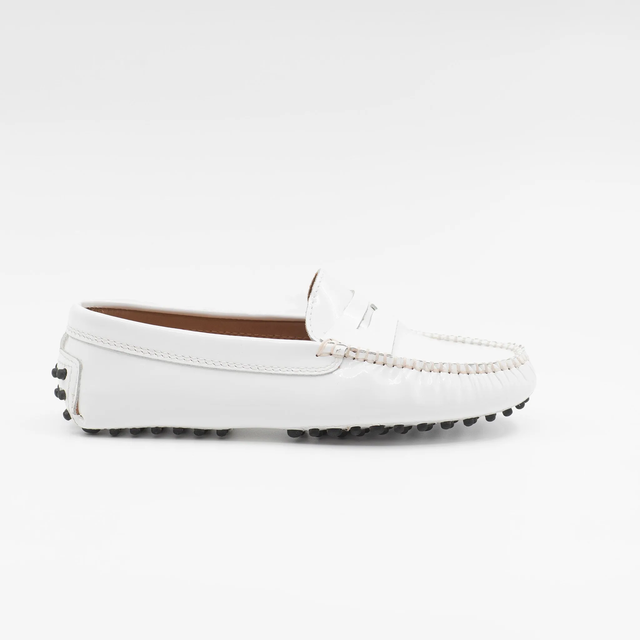 Driving Shoe in White Patent Leather