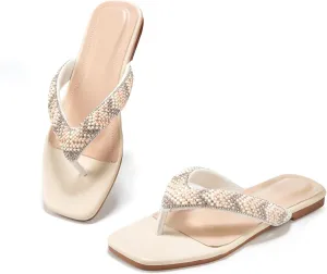 Flip Flops Sandals for Women, Summer Fashion Leather Slippers, Lightweight Comfortable Beach Sandals Slip On Flat Dressy Size 6-10