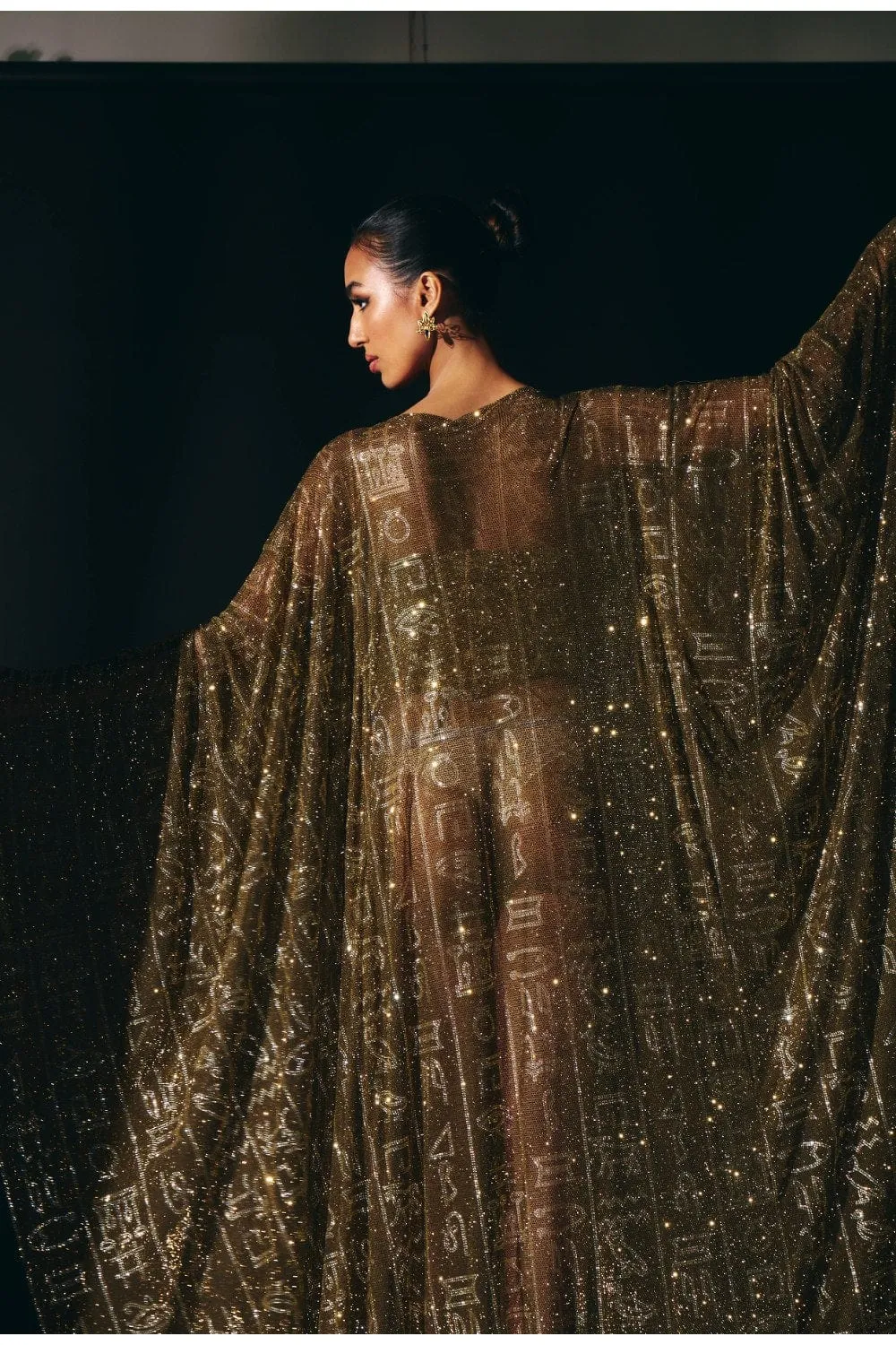 Gold Net Crystal Embellished Kaftan With Corset