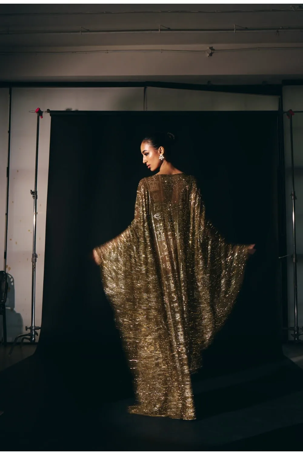 Gold Net Crystal Embellished Kaftan With Corset