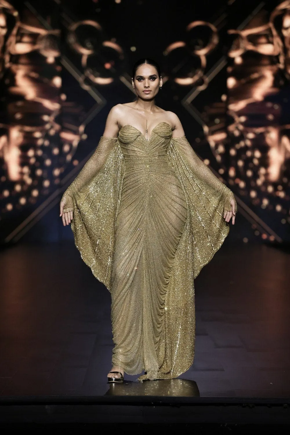 Gold Net Crystal Embellished Ruched Gown