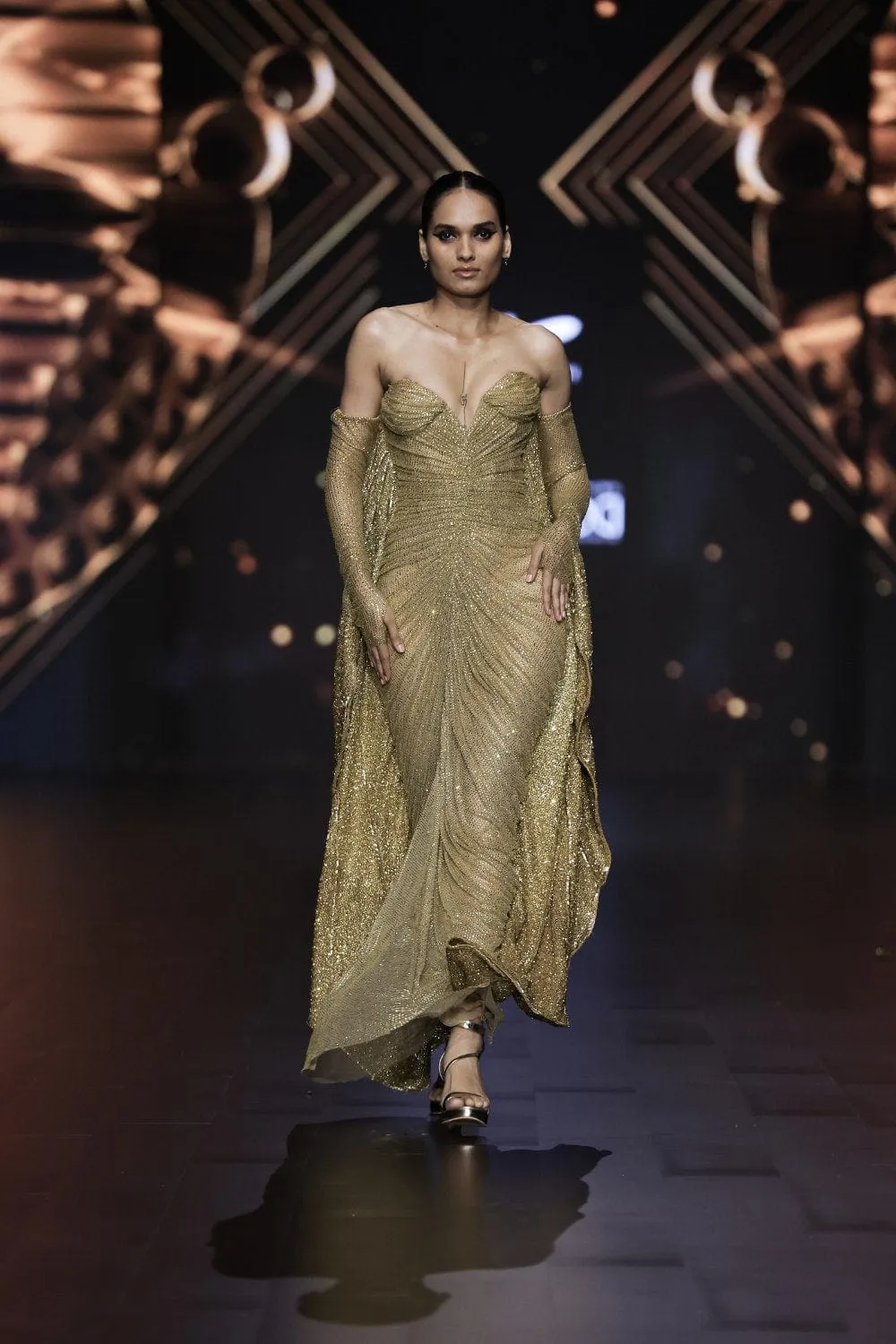 Gold Net Crystal Embellished Ruched Gown
