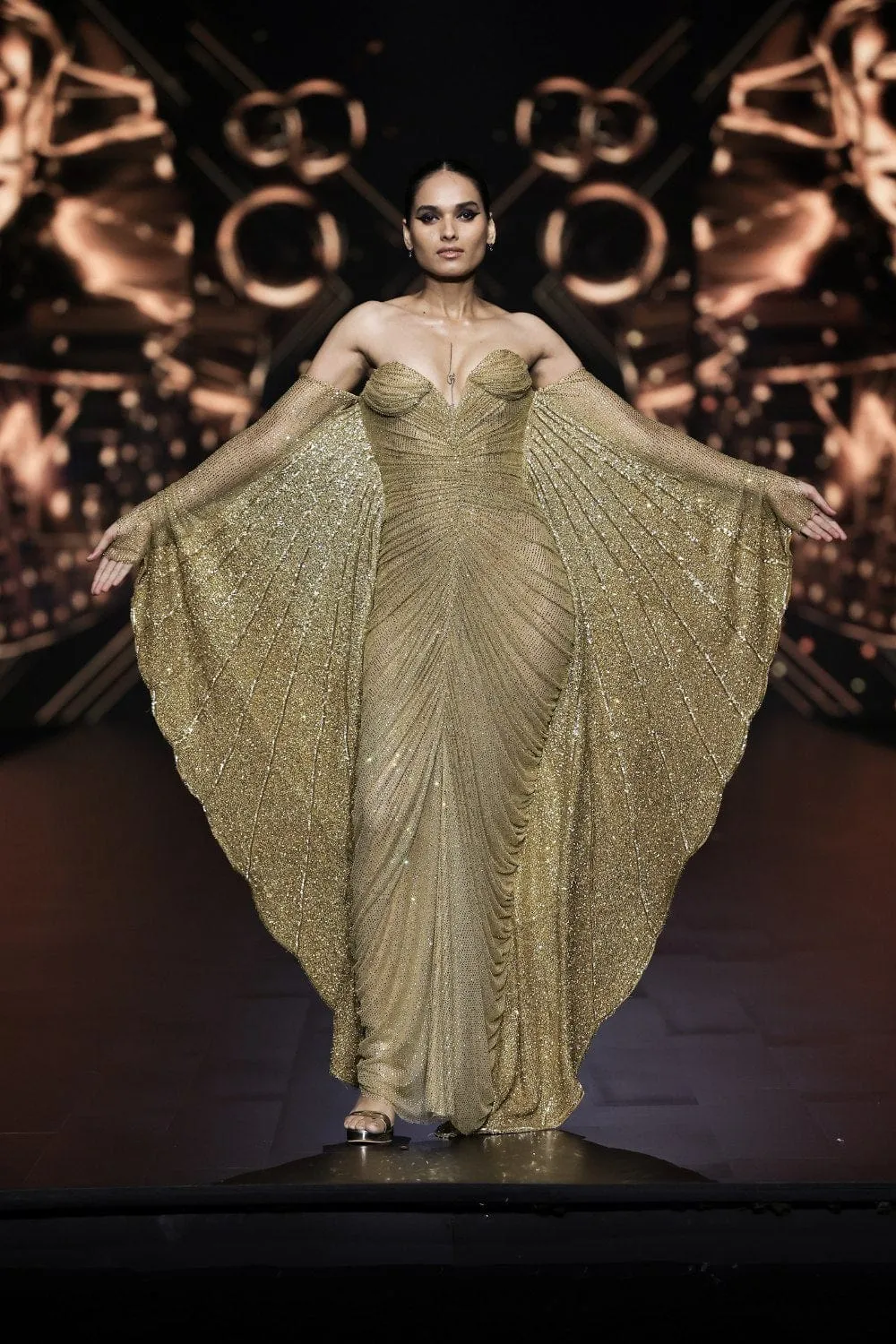 Gold Net Crystal Embellished Ruched Gown