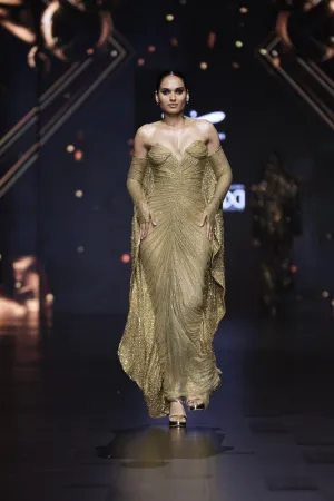Gold Net Crystal Embellished Ruched Gown