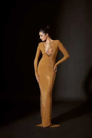 Golden Jersey Crystal Embellished Gown