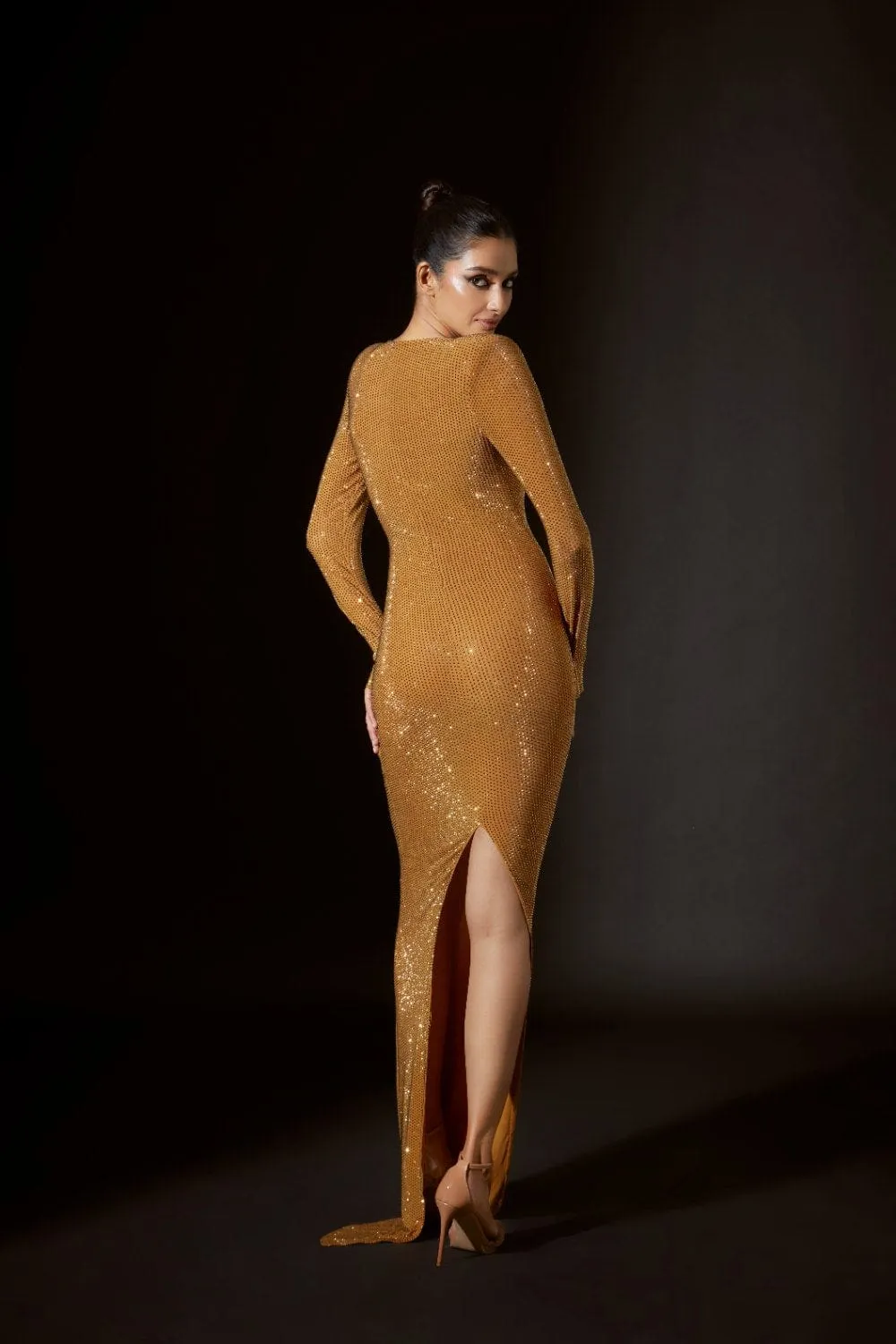 Golden Jersey Crystal Embellished Gown