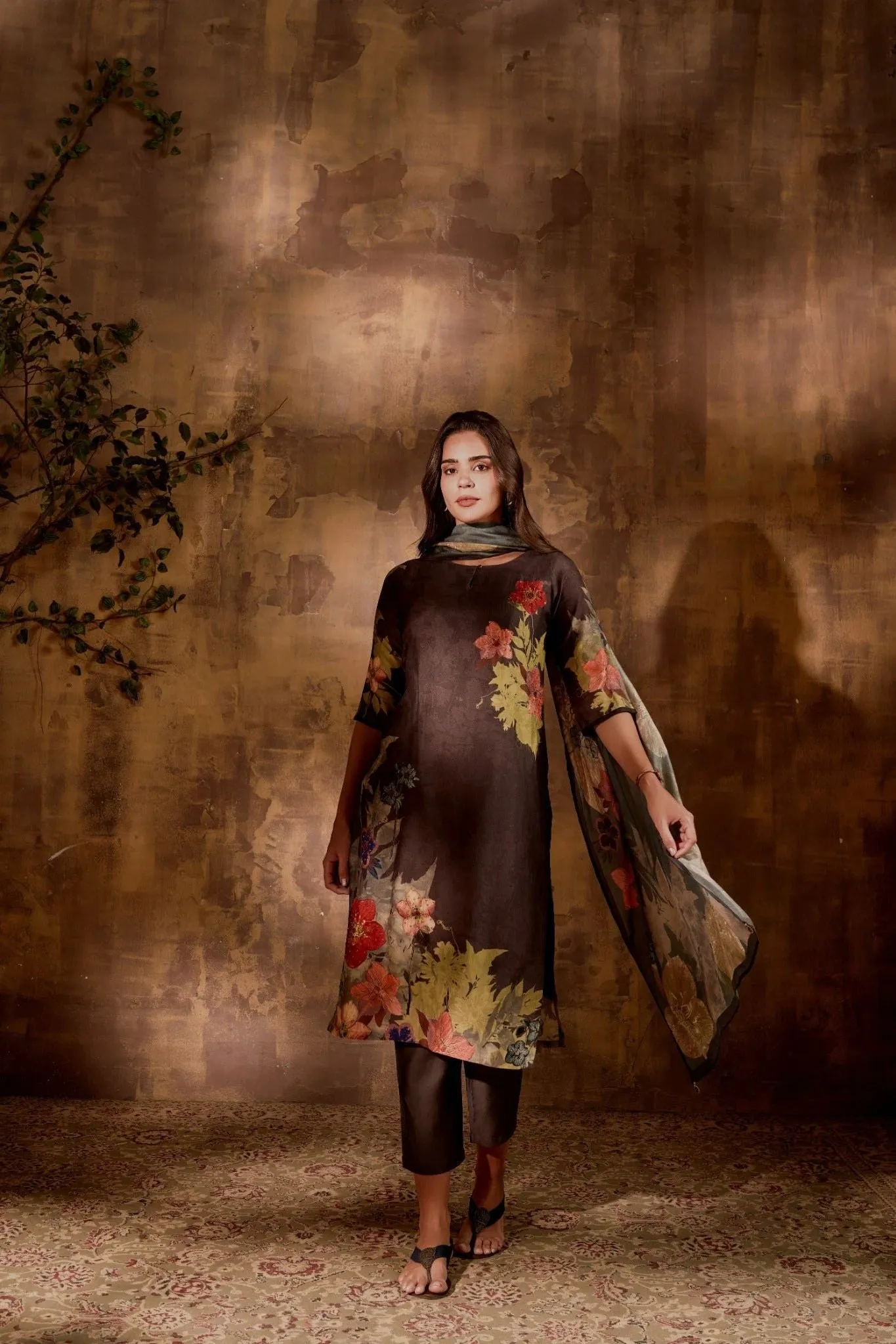 Grey Floral Printed Kurta Set With Dupatta