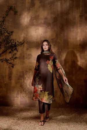 Grey Floral Printed Kurta Set With Dupatta