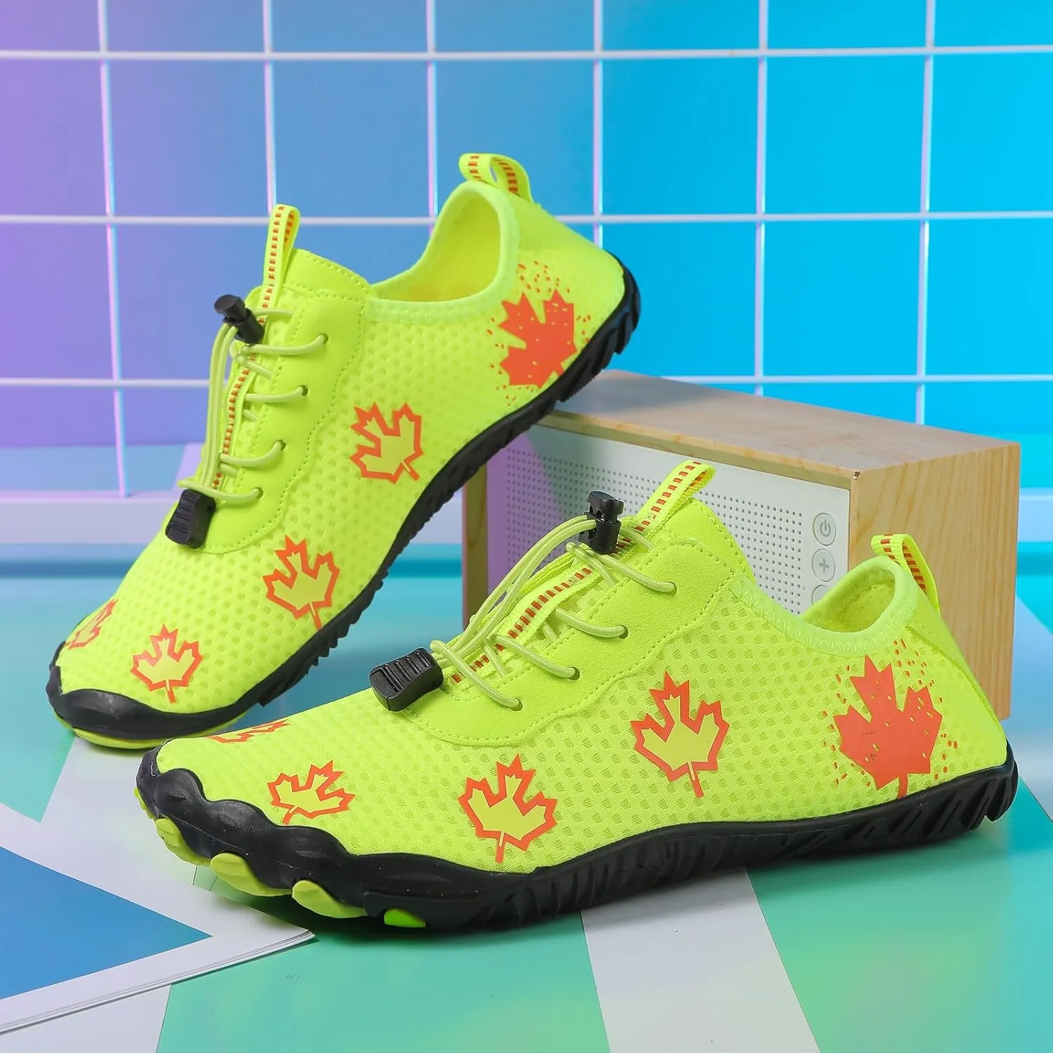 Hiking Barefoot Shoes for Women Men Wide Toe Box&Zero Drop Grounded Footwear,Quick Dry Non-Slip Travel Walking Trail Shoes,Fashion Maple Leaf Athletic Water Resistant Barefoot Footwear