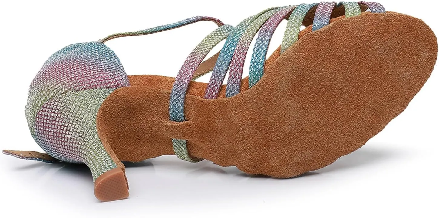 HIPPOSEUS Women's High Heel Latin Dance Shoes Rainbow Ballroom Dance Performance Shoes