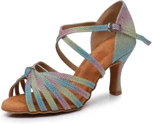 HIPPOSEUS Women's High Heel Latin Dance Shoes Rainbow Ballroom Dance Performance Shoes