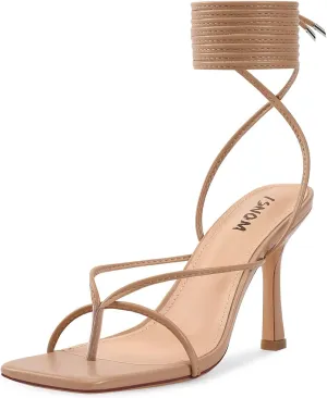 ISNOM Lace Up Heels Sandals for Women, Square Toe, Open Toe Thong, Stiletto Heels Design