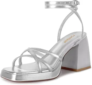 ISNOM Platform Heels for Women Comfortable Strappy Heels Short Block Chunky Sandals Ankle Strap Simple Summer Heeled Sandals Square Open Toe for Wedding Work Party Dressy Prom