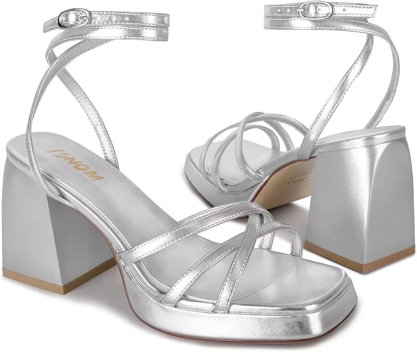 ISNOM Platform Heels for Women Comfortable Strappy Heels Short Block Chunky Sandals Ankle Strap Simple Summer Heeled Sandals Square Open Toe for Wedding Work Party Dressy Prom