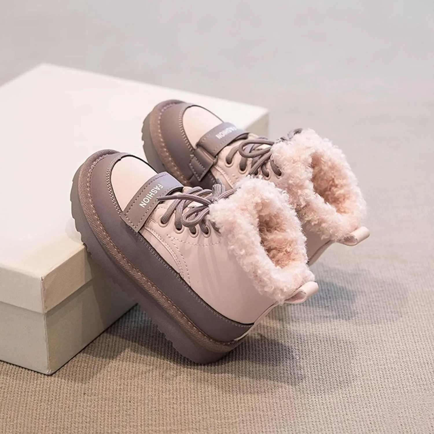 Kids Girls Fleece Winter Boots Lace-up Soft Rubber Bottom Vintage Plush Warm Comfortable Snow Cute Girl Winter Boots