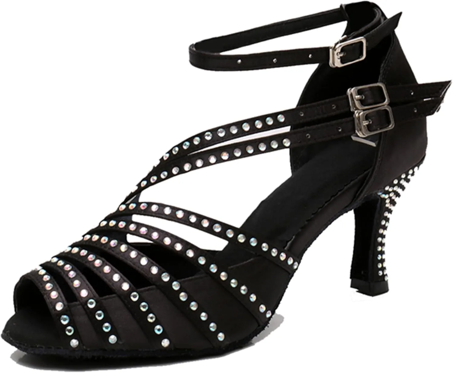 Latin Dancing Shoes for Women Ankle Strap Ballroom Dance Classes Heels Wedding Evening Sandals with Rhinestones X010A