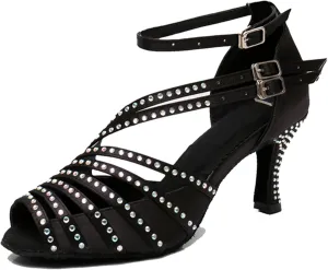 Latin Dancing Shoes for Women Ankle Strap Ballroom Dance Classes Heels Wedding Evening Sandals with Rhinestones X010A