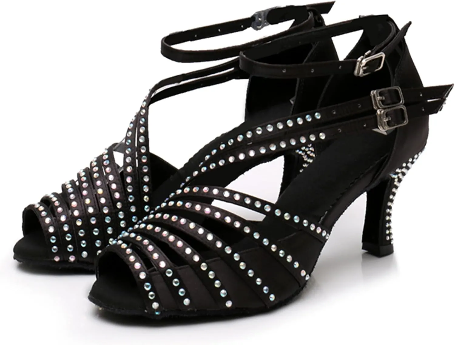 Latin Dancing Shoes for Women Ankle Strap Ballroom Dance Classes Heels Wedding Evening Sandals with Rhinestones X010A