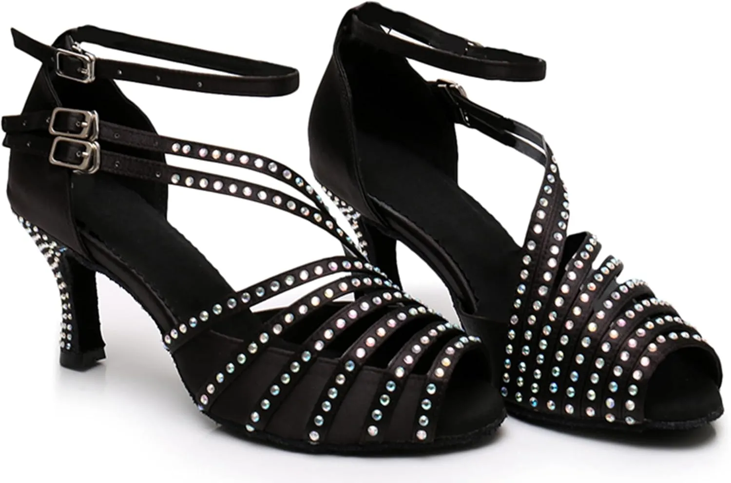 Latin Dancing Shoes for Women Ankle Strap Ballroom Dance Classes Heels Wedding Evening Sandals with Rhinestones X010A