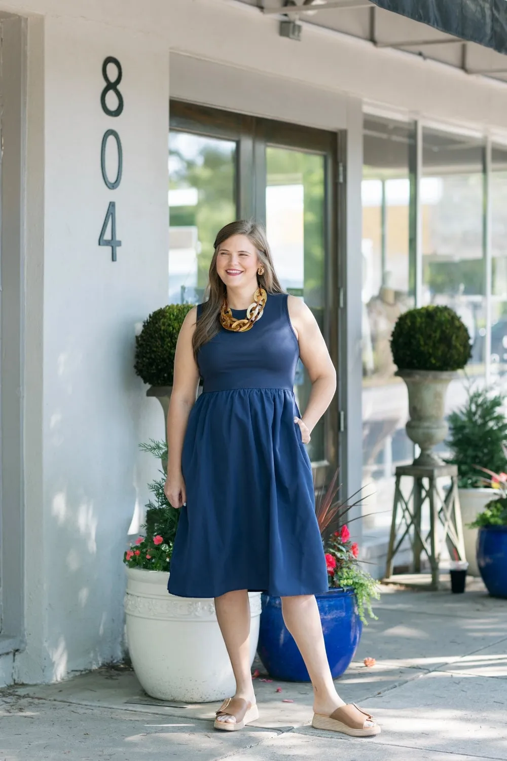 Melinda Navy Mixed Media Midi Dress